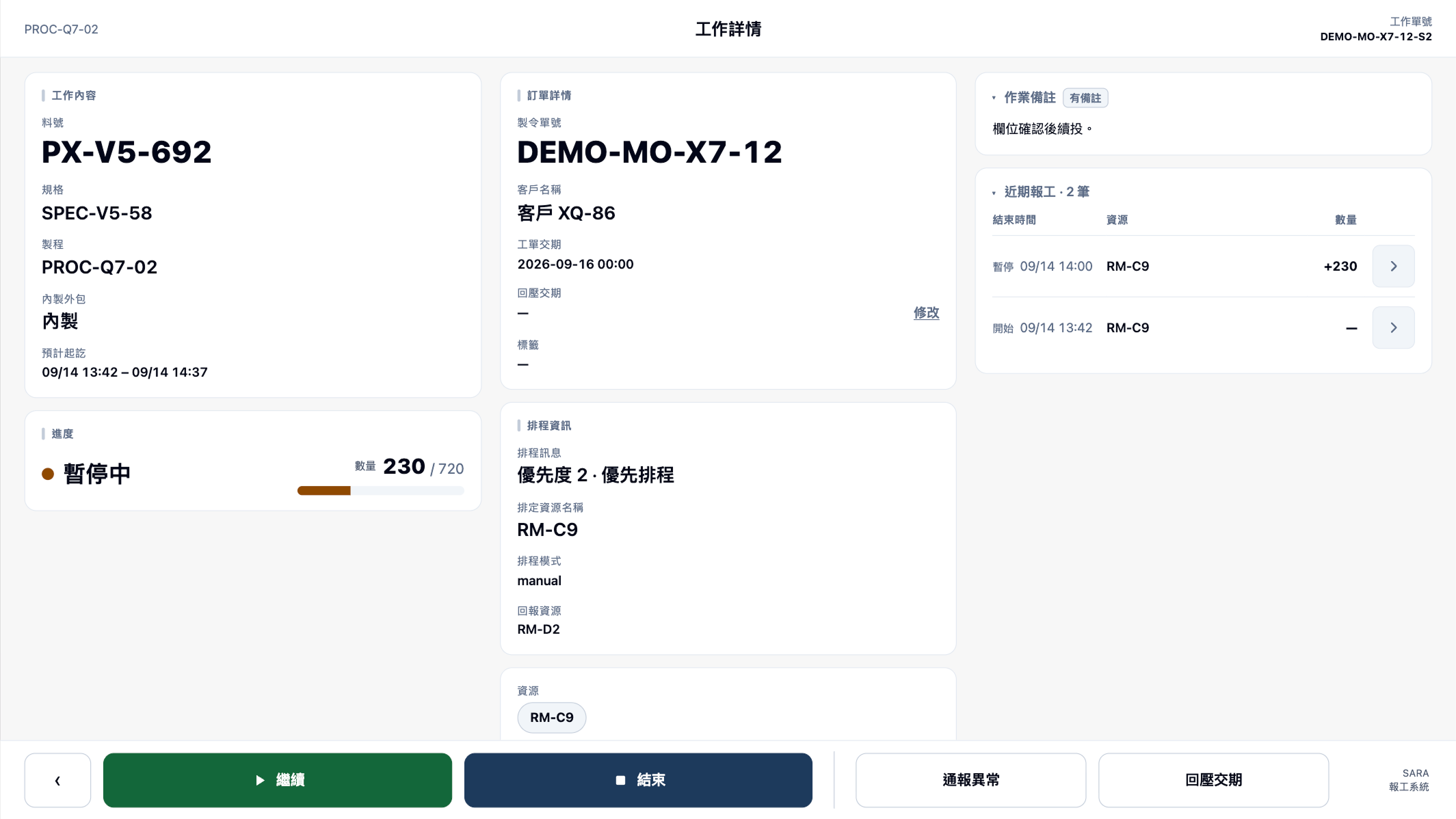 SARA 報工系統工作詳情畫面,顯示料號、製令、進度與排程資訊,底部可繼續、結束或通報異常