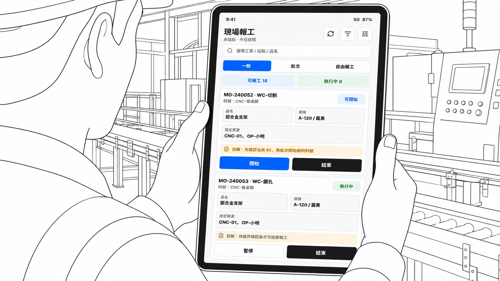 現場人員手持平板,在產線上一鍵回報工單進度